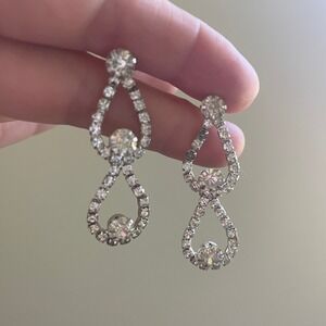 Dangling Teardrop Earrings Silver Rhinestone Evening Formal Jewelry Event Demure